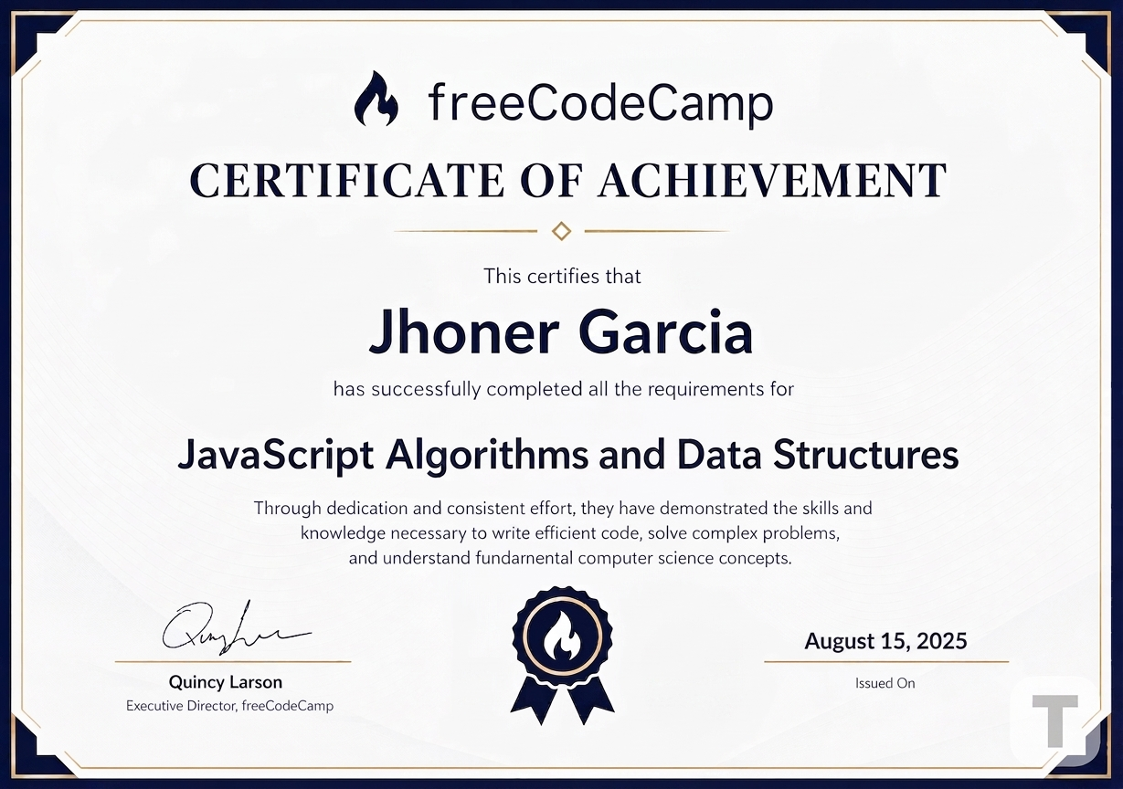 JavaScript Algorithms and Data Structures certificate