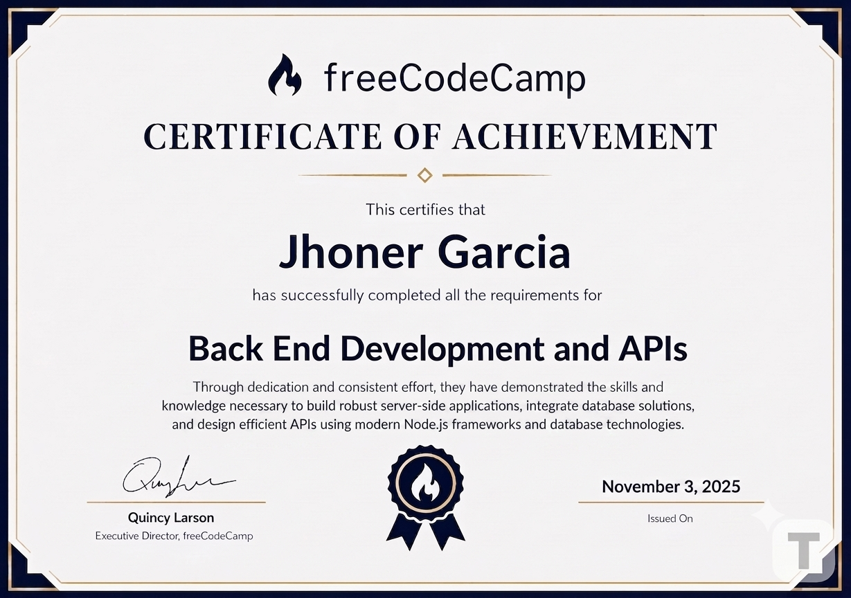 Back End Development and APIs certificate